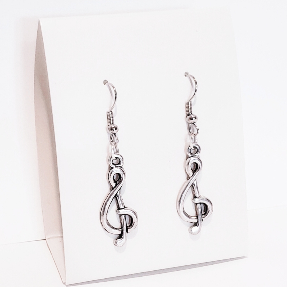 N. Silver Treble Clef French Hook Earrings